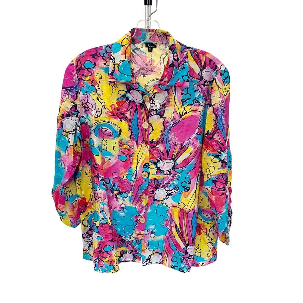 Shana Artsy Floral Abstract Print Button Up Shirt Pink Multi Wearable Art MEDIUM